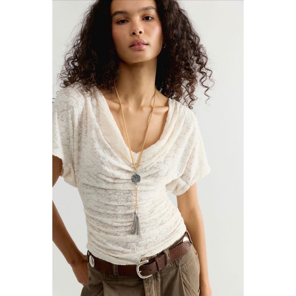 Free People Aura Ivory Floral Lace Ruched Cowl Neck Tie Back Top Blouse